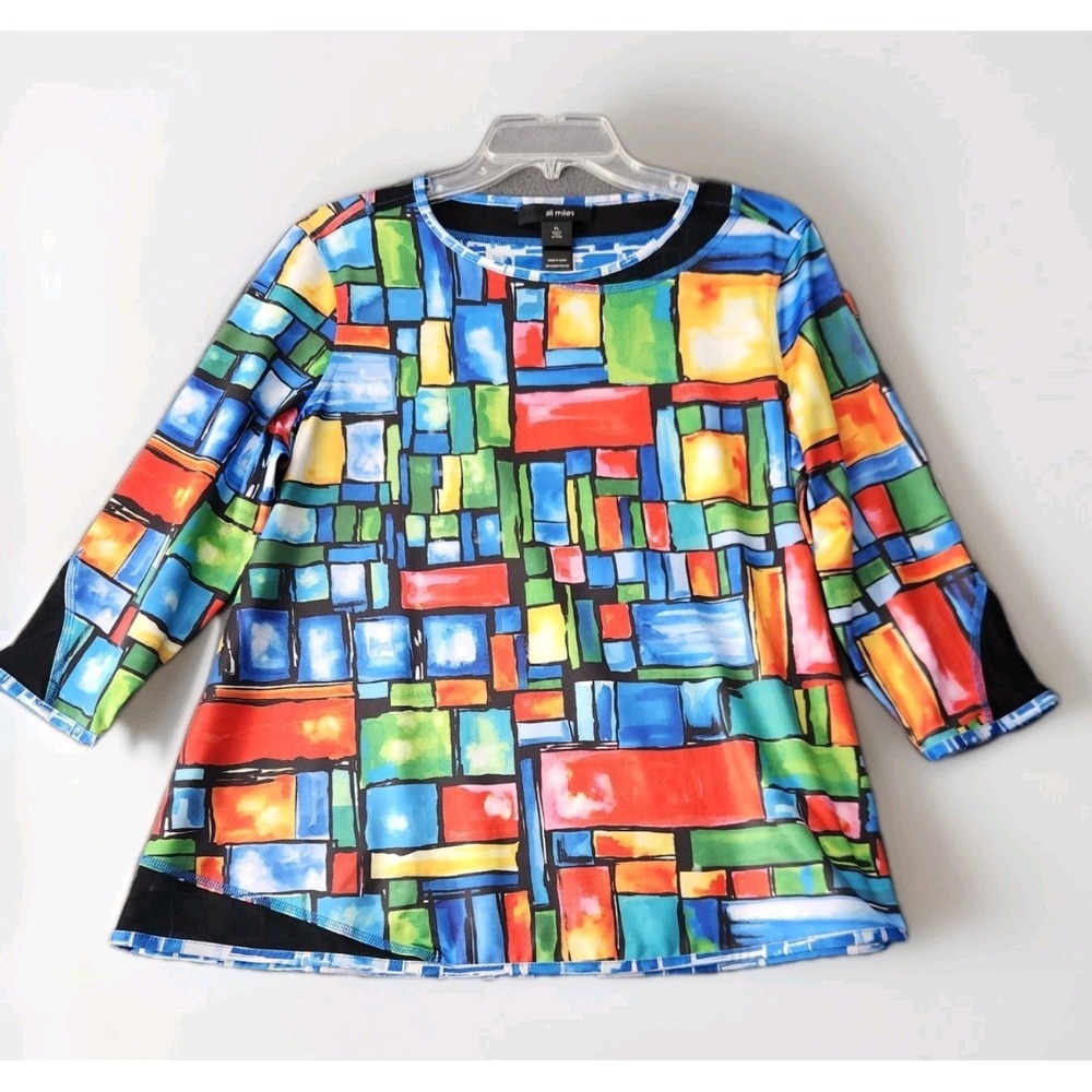 Ali Miles Reversible Tunic Blouse Top Womens Sz PM Geometric Colorful Mesh NWT